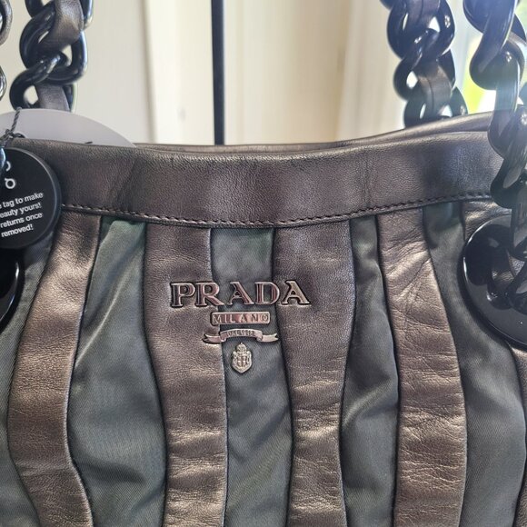 Prada Shoulder Tote Bag Leather Fabric Brown Gray - Picture 4 of 16